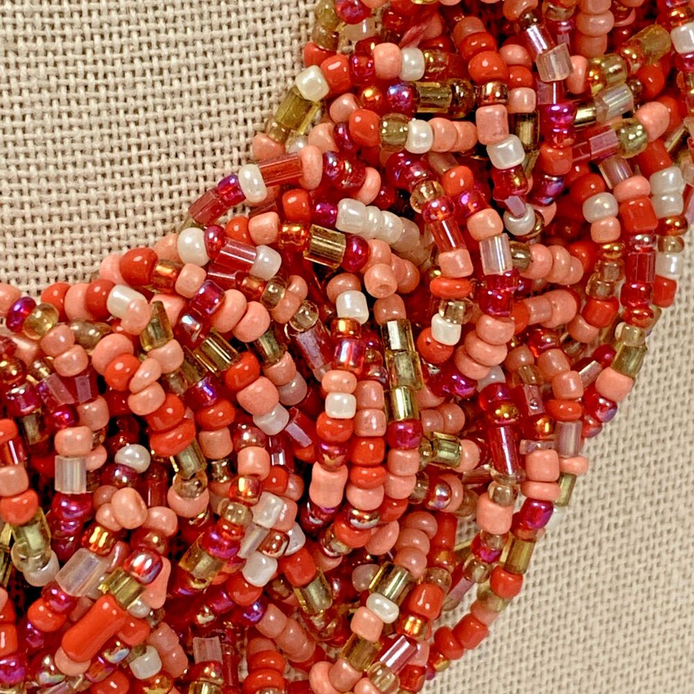 Vintage Multi Strand Seed Bead Necklace Red Orange Coral Torsade Gold Tone - Picture 3 of 8